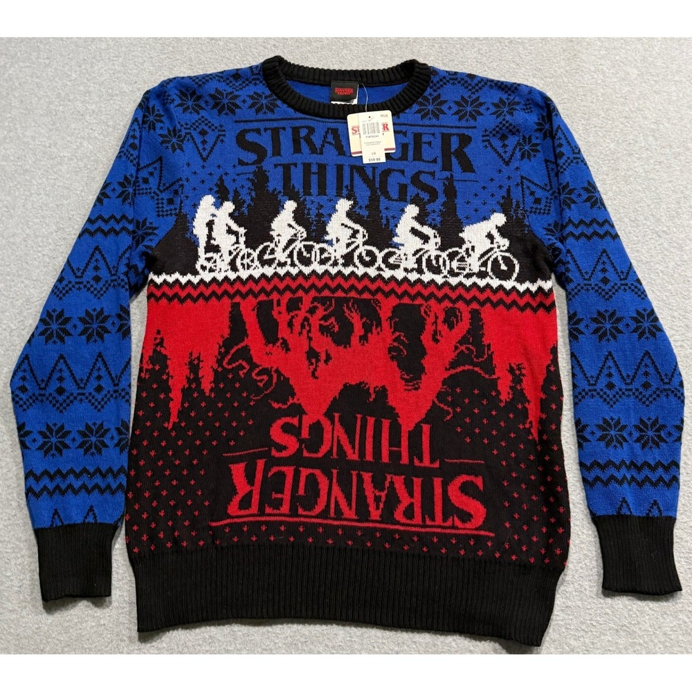 Stranger Things Mens Ugly Christmas Sweater Blue Red Upside Down Netflix Large